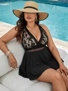 Secure Shoulder-Strap Support for Swimming 2026 New Plus Size Bathing Suit V-Neck Lace Design Flattering Cover Thighs Enhances Curves Women Swimwear tankini cute plain criss cross cut Blouson Bikini Neon Stitch Double Set Diamond Neckline tropical print