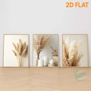 [2D Flat Printing] 3pcs/set Boho Minimalist Pampas Grass Wall Art Poster, Beige Dried Flower & Candle Still Life Canvans Painting, Aesthetic Neutral Room Decor for Home Office Living Room Bedroom, Unframed