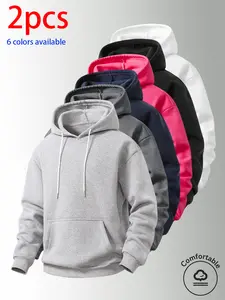 2-pack: men’s hooded sweatshirt, men’s sweatshirt. Loose fit that conceals curves and gives a slimmer look; drawstring kangaroo pockets offer practicality. Soft, comfortable, skin-friendly fabric; minimalist solid-color design; available in multiple color