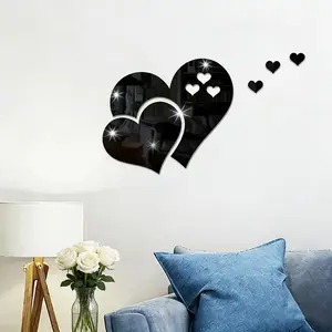 5PC Black Heart-Shaped Acrylic Mirror Wall Decals, DIY Removable Home Decor Trim for Living Room, Bathroom, Bedroom, and Background Wall Decorations