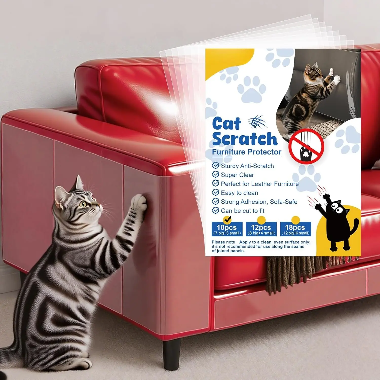 Anti  Scratch Furniture Protector for Leather Furniture,10 Pcs Self-Adhesive Cuttable Couch Protector from  Claws, Easy to Apply and Remove,No Pins