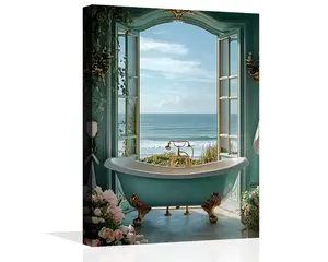 Blue Ocean Bathroom Wall Art Coastal Windows Sea View Painting Teal Bathtub Canvas Wall Art Seascape Pictures for Bathroom Vintage Bathtub Poster for Bathroom Restroom Framed