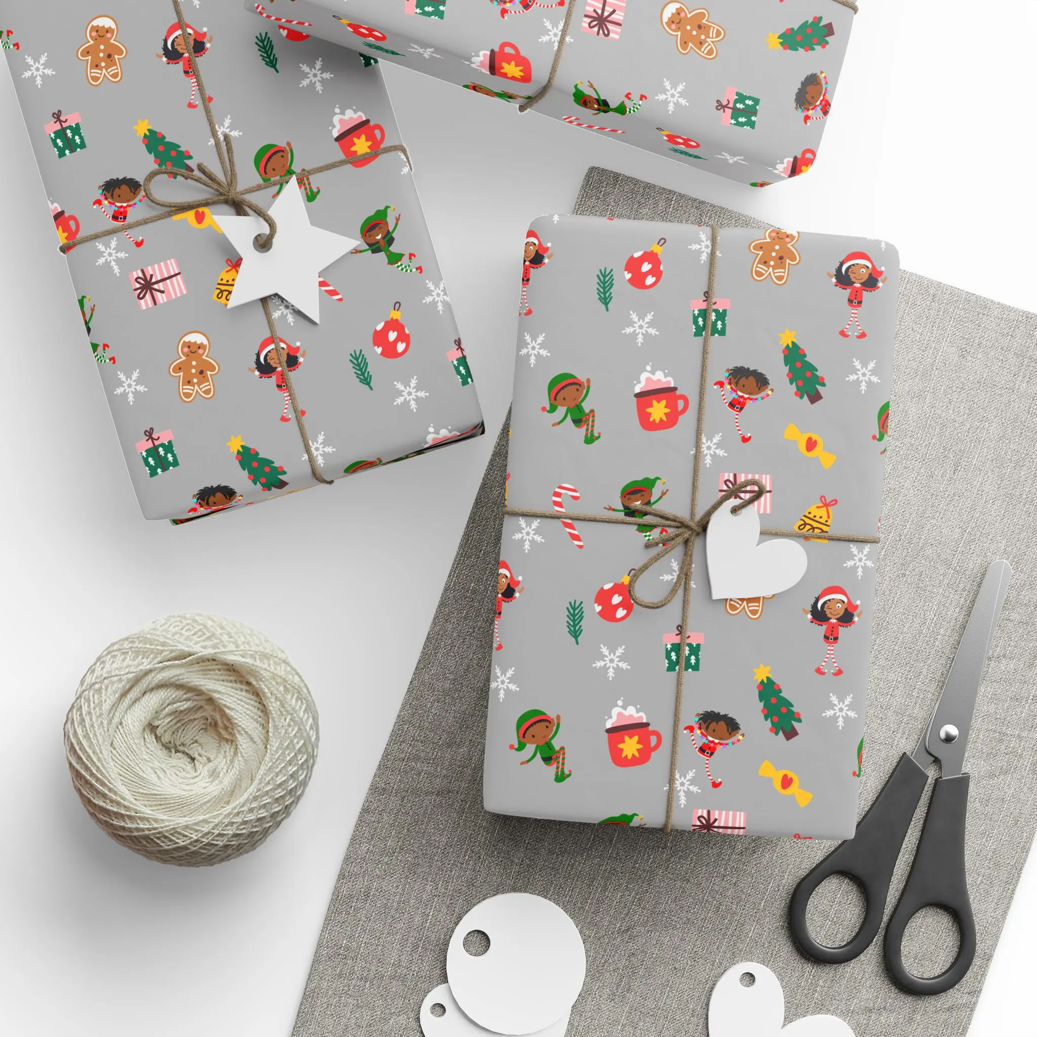 Santa’s Little Helpers Wrapping Paper - Holiday Gift Wrap for African American Families, Cute & Inclusive Designs for Kids, Light grey