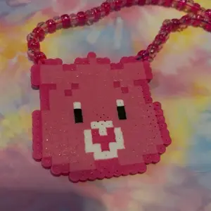 Pink Glitter CareBear Kandi Perler Necklace, Pink Sparkle PLUR