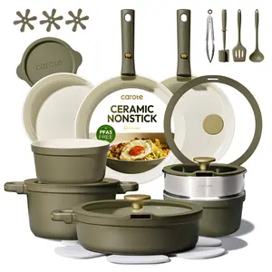 [Official]Carote 28pcs Olive Green Ceramic Cookware Set with Detachable Handles, Pots and Pans Set Non Stick, RV Kitchen Cooking Pot and Pan
