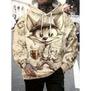 Men's Hooded Sweatshirt with Cartoon Fox Print, Casual Fashion Pullover with Kangaroo Pocket, Long Sleeve Polyester Blend Top