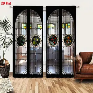 2D Flat  2-Pack Stained Glass Curtain Set, 4 Tall Arched Panels with Central Circular Floral & Fruit Medallions, Decorative Diamond/Oval Patterns, Black Background, for Cozy Well-Lit Interior with Green/Yellow Accents