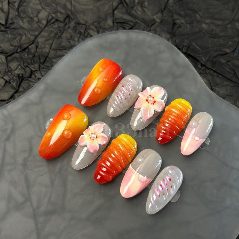 Handmade 3D Flower Nail Art Set with Zebra Print and Gold Accents for Stylish Manicures Elevate Your Nails with Depth Dimension and Bold Pattern