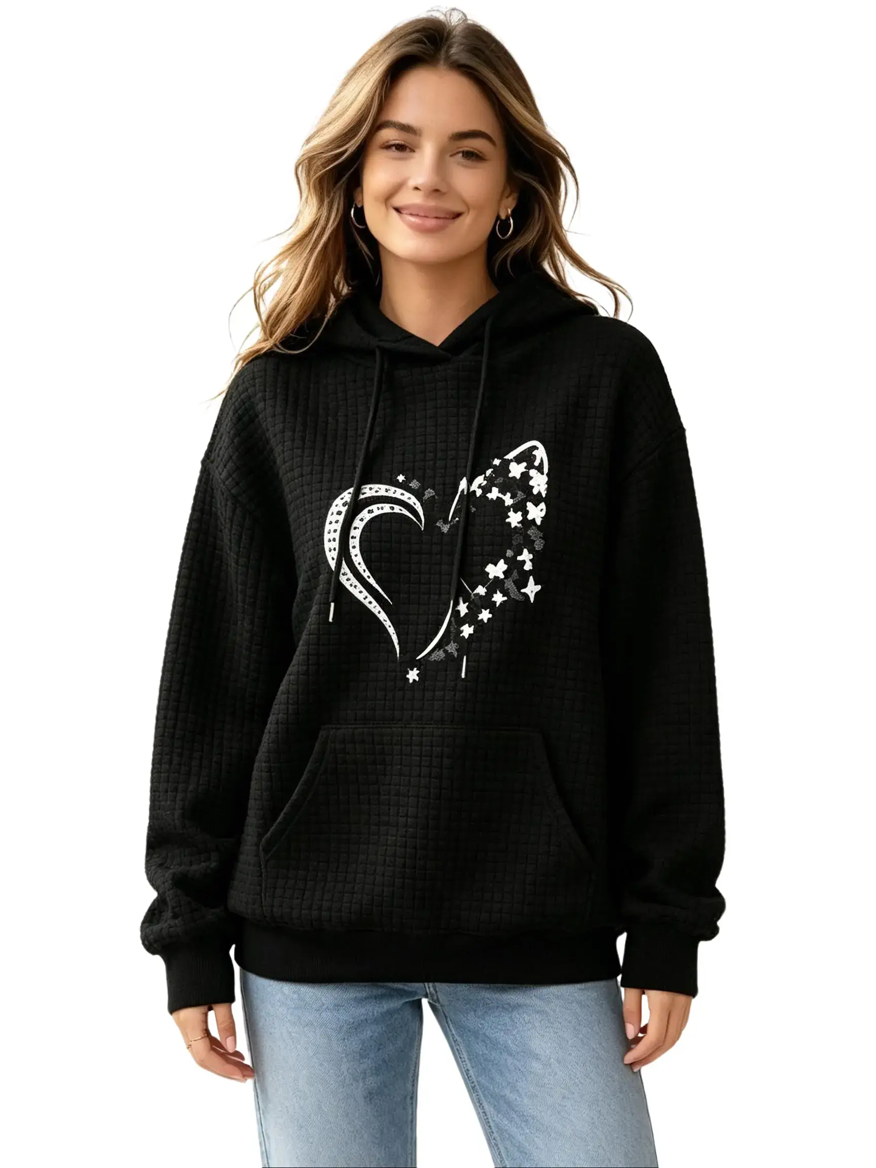 Womens Tops Waffle Knit Long Sleeve Lightweight Drawstring Hoodies Heart & Butterfly Print Sweatshirt Casual Blouses Shirts