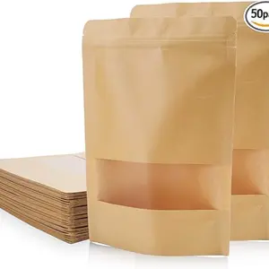 50 Kraft Paper Stand-Up Bags, Food 50 Pcs Kraft Paper Bags with Window, 8.6" x 6" Stand Pouches Bulk Zip Lock Food Storage Bag, Resealable Bags for Small Business,Grade Moisture-Proof Tea Sealed Bags, Reusable Zipper Pouches for Nuts, Grains, Dried Fruits