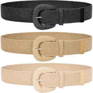 3 Packs Women Straw Woven Elastic Stretch  Belts Fashion Boho Braided Skinny Ladies Dress Belt