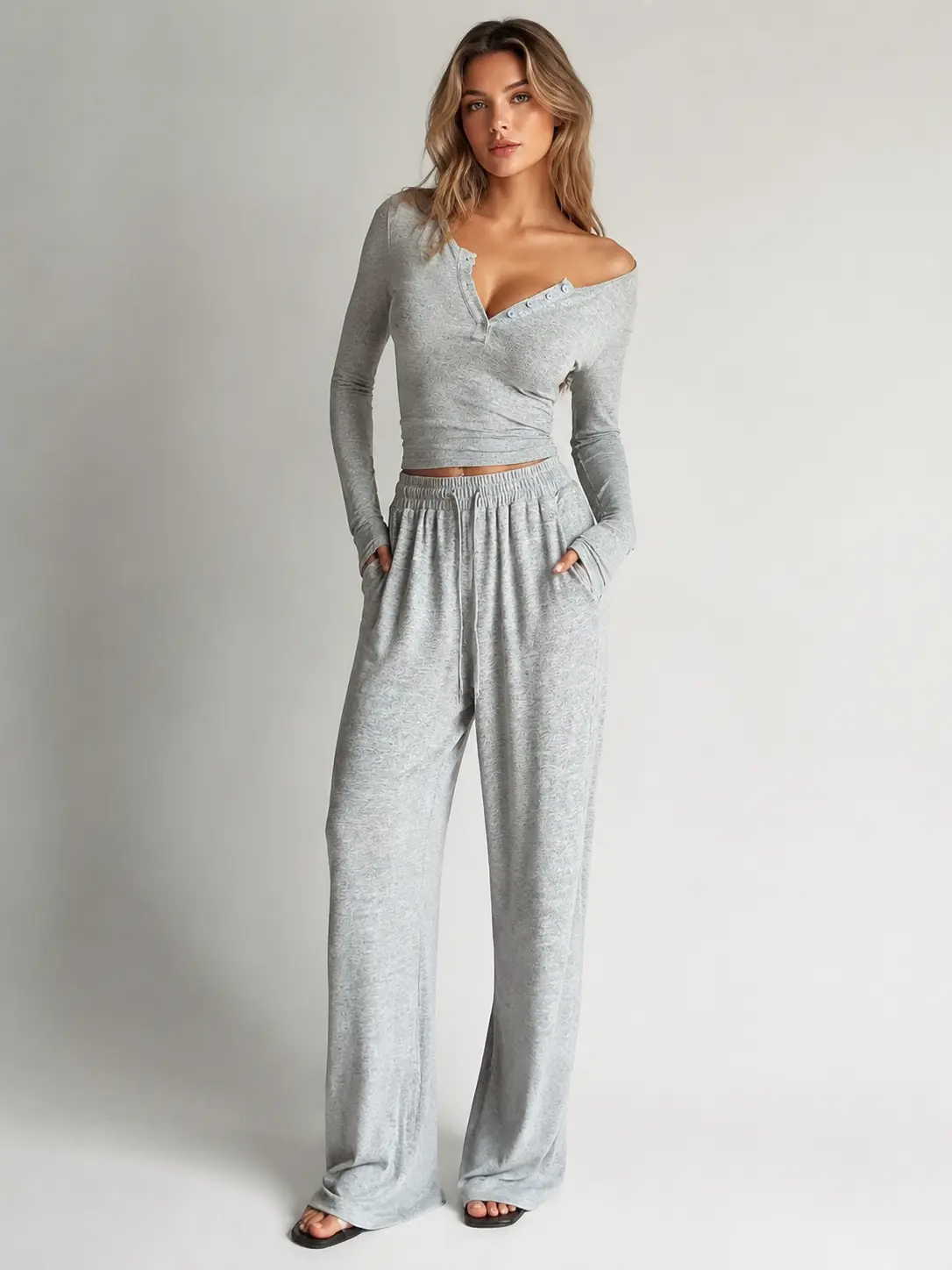 Women Henley Neck Button Long Sleeve 2 Piece Loungewear Set Cropped Top Elastic Waist Wide Leg Pants Outfit