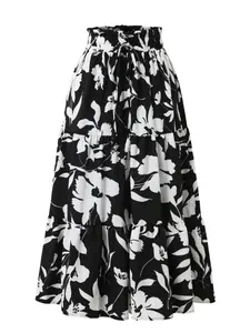 New Fashion Casual Womenswear Skirt Bottoms Vintage Print Elastic Waist Adjustable Slimming A-Line Long Dress Multi-Layer Ruffle Design Summer Wear