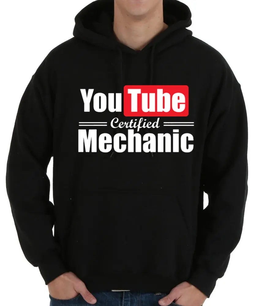 Men's YouTube Certified Mechanic Print Hoodie - Black, Casual Menswear Tops Sweatshirts