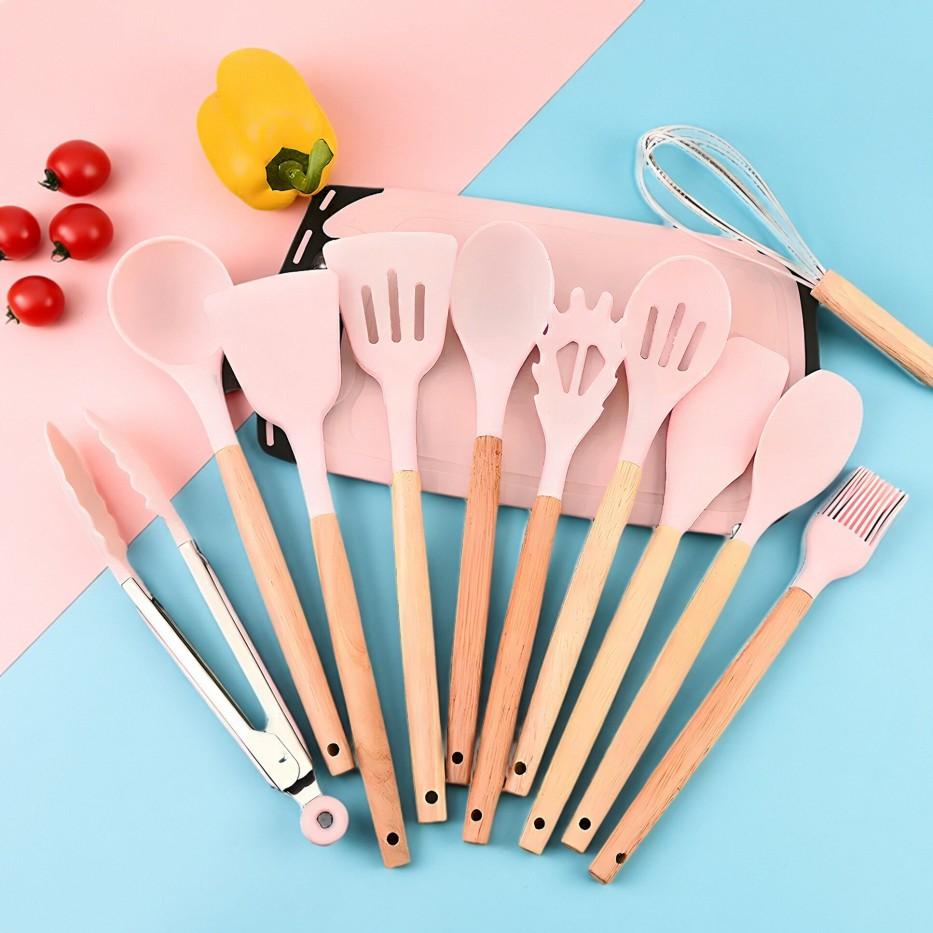 Love atFirst Find19-Piece Kitchen Knife Set with Heat-Resistant Silicone Cutlery & Wooden Handles - Includes Chef Knife, Non-Stick Compatible Tools, Easy to Clean - Ideal Gift for Women on New Year, Valentine's Day and More Cookware Kitchenware White Pink