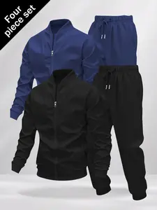 Men's 4 Piece Solid Color Bomber Jacket & Jogger Pants Set, Fitted Plain Design, Ideal for Spring Fall Outdoors, Casual Style