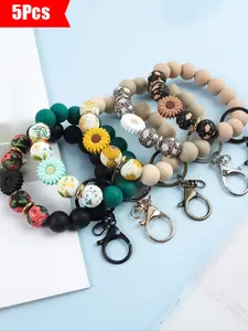 5-Piece Daisy Beaded Wrist Keychain Set, Vintage Floral Leopard Print, Unique Patterned Beads, Perfect Gift for Friends & Holidays