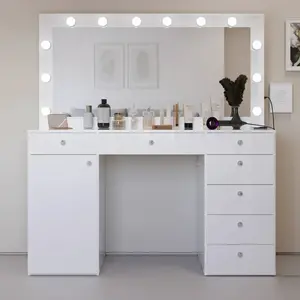 Venus Vanity with Hollywood-Style Mirror LED Lights Sleek Glass Top Seven Drawers Smart Storage USB-C Port Crystal Knobs Easy Assembly