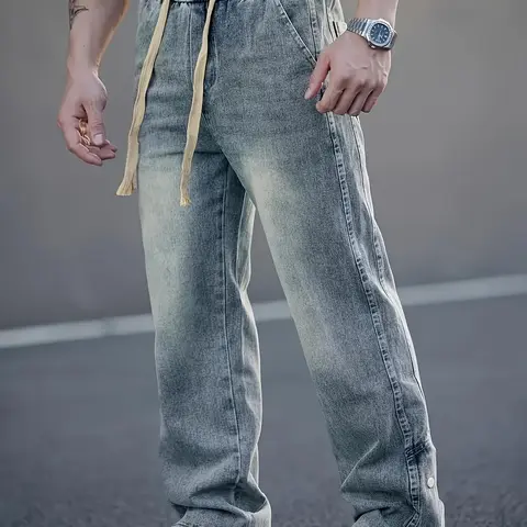 Men's Light Blue High-Cotton Slim-Street Fit Jeans - Chic Menswear Bottoms with Soft Texture Fabric, Comfortable Breathable Lightweight Denim, Streetwear & Daily Casual Use (Note: Select Smaller Size for Desired Fit; Loose Version Available)