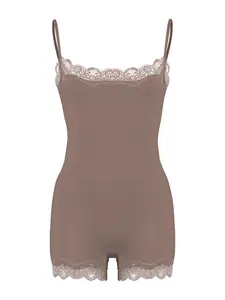 Women's Basic Solid Color Spaghetti Strap Lace Trim Seamless Bodysuit Underwear Body Shaper Shapewear