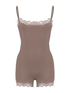 women's basic solid color spaghetti strap lace trim seamless bodysuit, shapewear