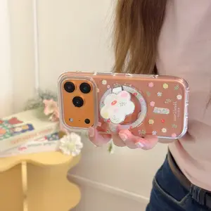 Spring Flower Ring Magnetic Round Edge Airbag Phone Case for iPhone 17 Pro Max, Fashionable Women's Phone Case, Simple and Unique Design