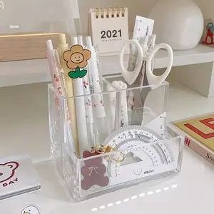 1pc The Transparent Acrylic Three-compartment Pen Holder for Desk Renovation, Student Desktop Storage Box Office Desktop Student Multifunctional Storage Box Stationery Storage Organizer