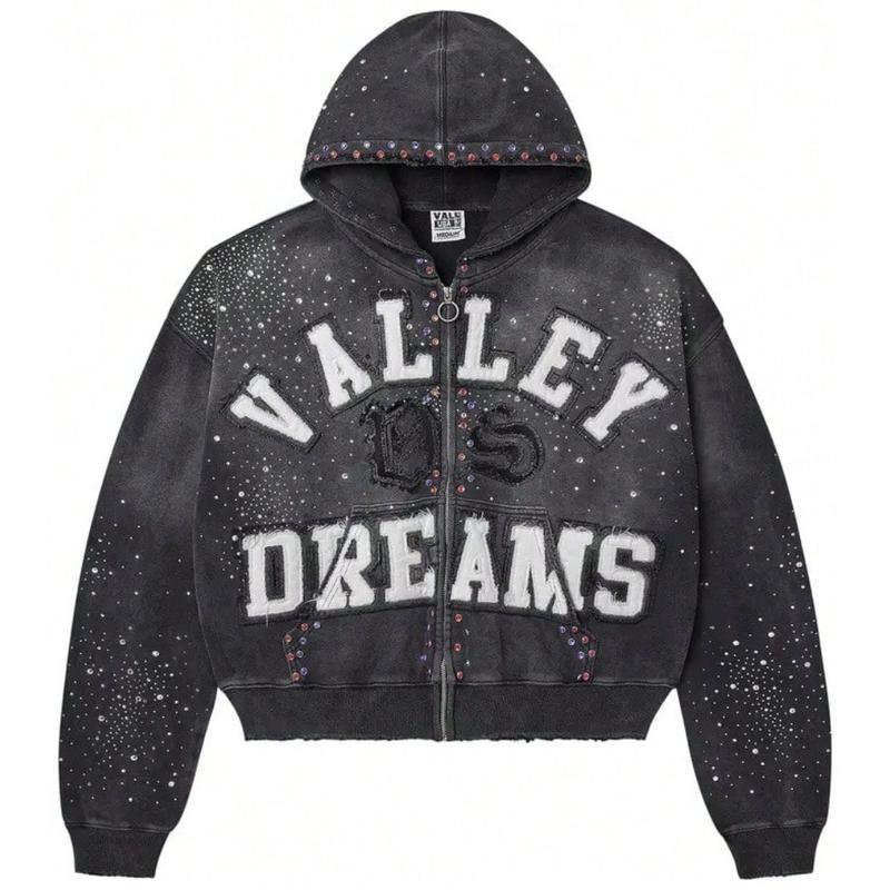 Vintage Washed Rhinestone Valley of Dreams Hoodie for Men - Oversized ...
