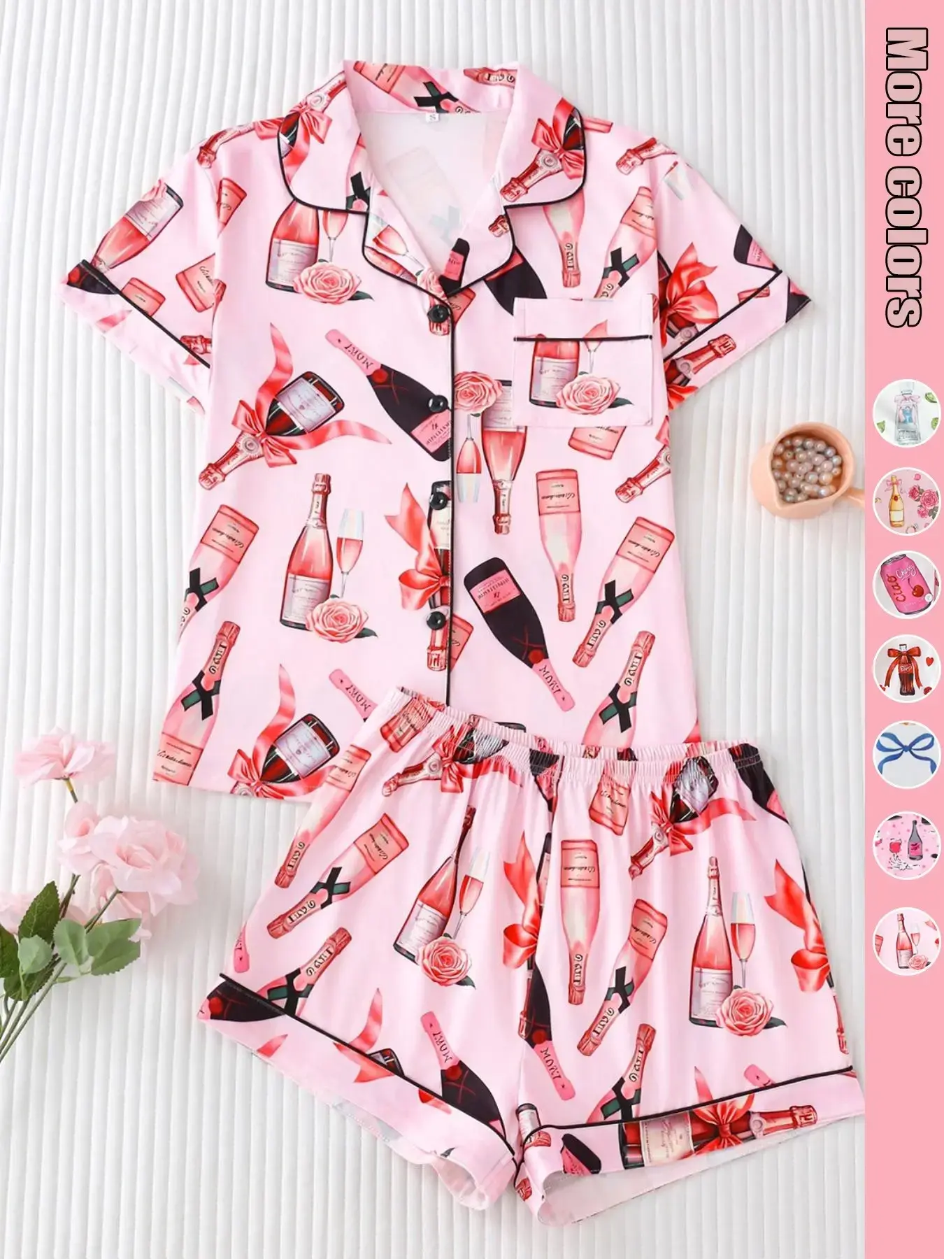 Women's All Over Print Shirt & Shorts Pyjama Two-piece Set, Comfy Short Sleeve Collared Top & Shorts PJ Set, Ladies Sleepwear for All Seasons Pajama Set, Casual Sleepwear Loungewear Homewear