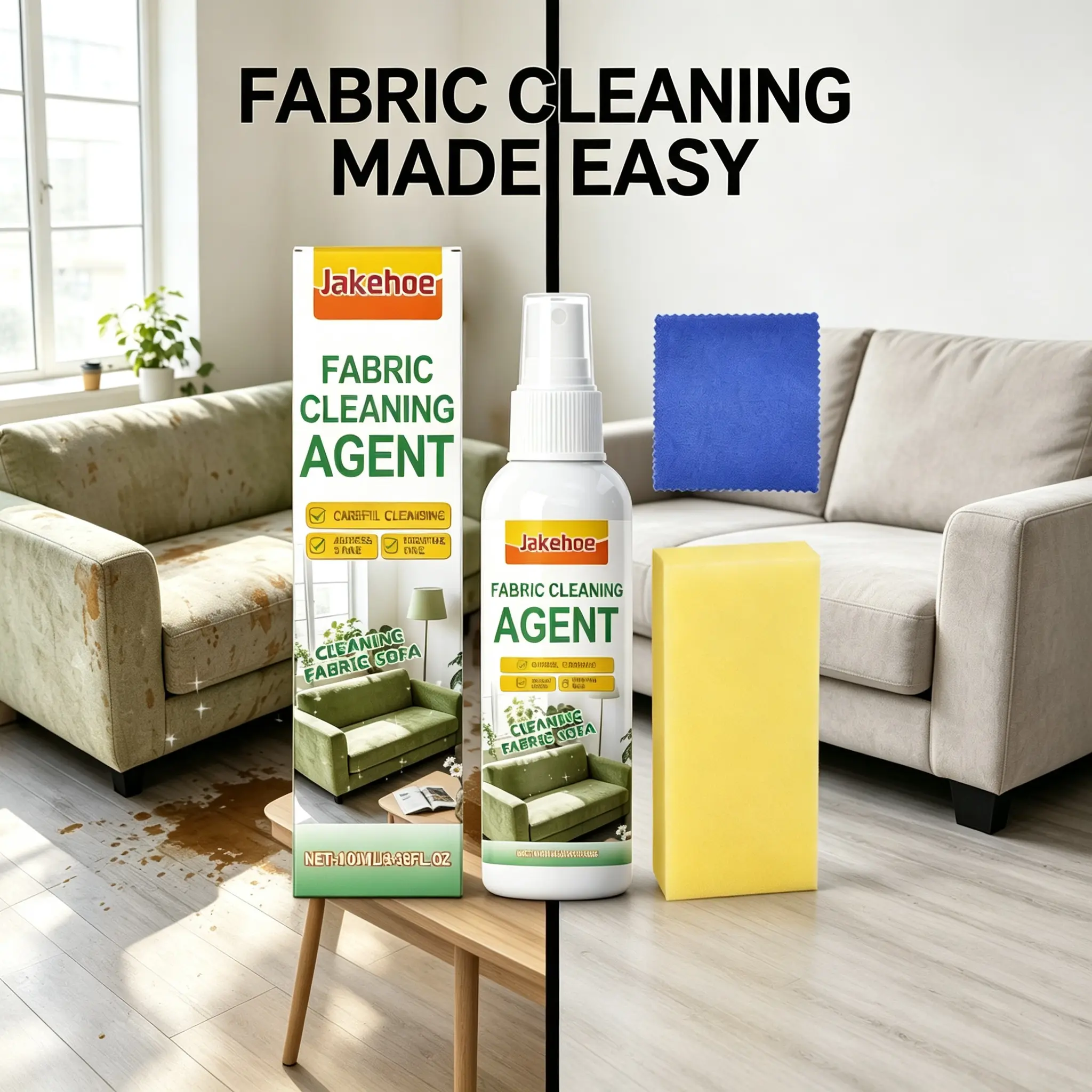 100ml Fabric Stain Remover Spray, No-Rinse Fabric Cleaner for Household Fabrics, Multi-Surface Stain Cleaner for Sofa, Curtains, Carpets & Upholstery, Includes Sponge & Cleaning Cloth