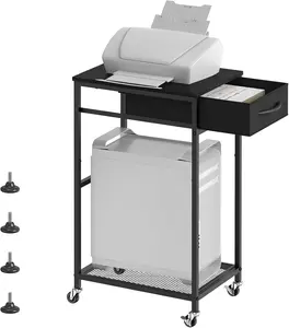 2 Tier PC Stand - Black Computer Tower Stand with Fabric Drawer, Modern Printer Stand with Wheels, Under Desk Stand for Office & Study Room
