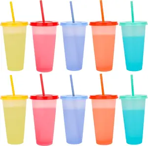 Color Changing Cups, 10 Pack 24oz Plastic Tumblers, Reusable Iced Coffee & Smoothie Cups with Lids and Straws for Parties and Travel