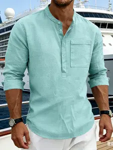 American Summer Tropical Men's Linen Casual Henry Vintage Retro Classic Commuter Long Sleeve Stand Collar Shirt, Comfortable and Stylish Daily Wear, Perfect for Warm Weather Tops