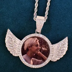 Circle Chain with Wings Memorial Chain Picture Photo Pendant DIY for Unisex Hip Hop Jewelry Cubic Zirconia Decor Daily Wear