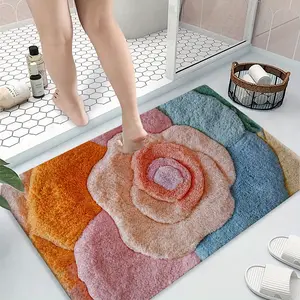 Luxury Anti-Slip Bath Mat with Vibrant 3D Floral Design, Ultra-Soft Polyester Fiber, Quick-Dry & Water Absorbent, Perfect Kitchen Decor, Soft Bathroom Mat, Quick Drying Mat, Bathroom Supplies