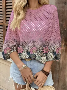 Spring Summer Women's Hollow Out Batwing Sleeve Knit Top, Colorblock Floral Print, Casual Elegant Commuter Wear, Boho Beach Cover-Up