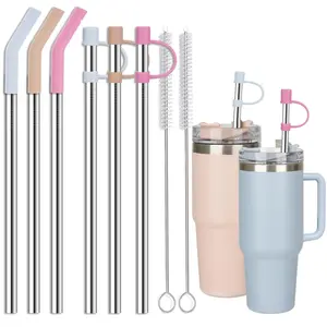 Reusable Stainless Steel Straws Set - 14-Piece 12-Inch Metal Straws with Silicone Tips, Covers, Stoppers, 3 Straight + 3 Bent for 40 oz Tumblers, Spring Glow Up Home Supplies Kit, 12 Inch (3 Straight + 3 Bent Straws Fit 40Oz)