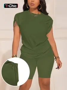 Summer Round Neck Short Sleeve T-Shirt and Shorts Set for Women, Casual Plain for Hot Weather, Stylish and Comfortable Summer Wear