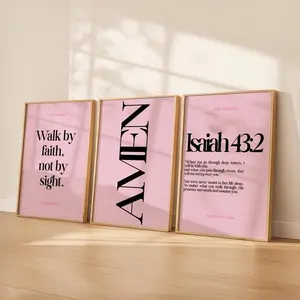 Daily Reminder Scripture Wall Art Set | Christian Bible Verse Poster Unframed  | Walk By Faith | Amen | Isaiah 43:2 | Minimalist Pink Decor  set 3