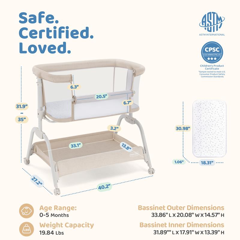HARPPA Cuddly Lite 2-in-1 Baby Bassinet & Bedside Sleeper, storage Bassinet for Baby with Wheels & Storage Basket, Portable Crib, Breathable Mesh and Mattress, Height Adjustable