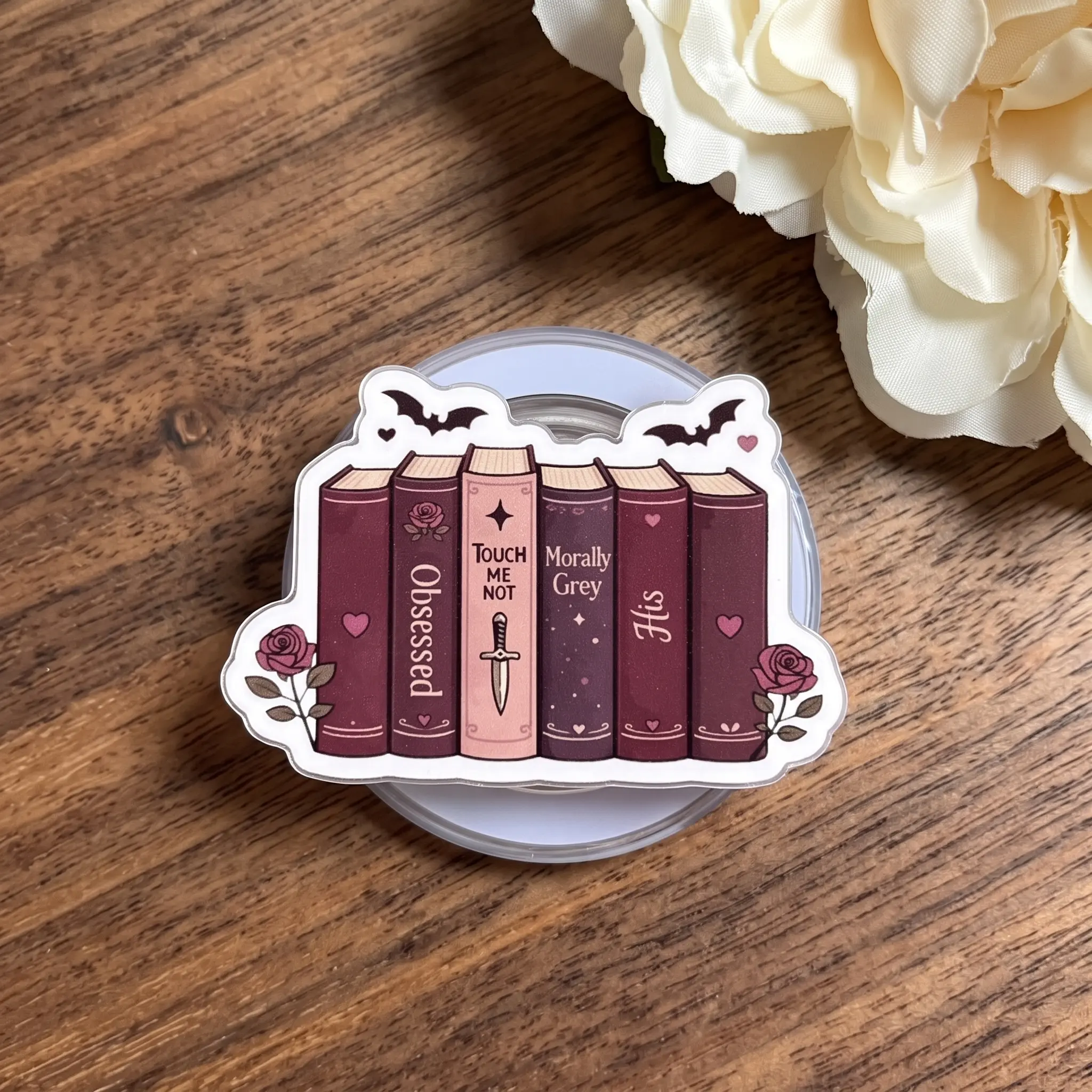 Dark Romance Book Stack Magnetic Phone Grip, Gothic Rose Phone Holder Stand, Bookish Kindle Grip, Morally Grey Reader Gift