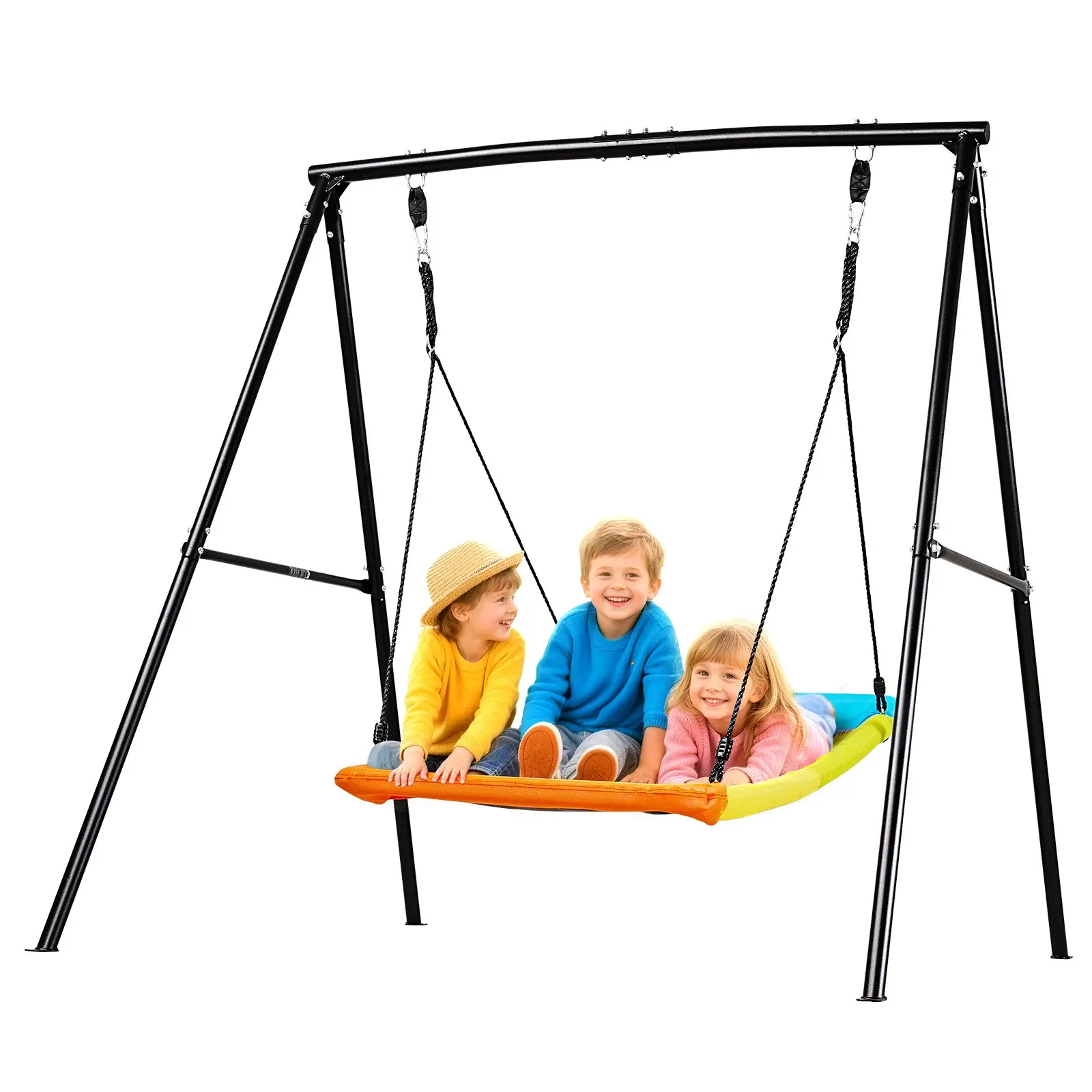 【Summerfinds】VEVOR Patio Swing Chair - Outdoor Swing Chair with Heavy-Duty Carbon Steel A-Frame Stand, 60x32 in Fabric Seat, 440 lbs Load Capacity, Spiral Ground Anchors, Hardware Kit, Quick Setup, 36.8 lbs, Kid-Use, Black & Colorful, 199.6 Kg