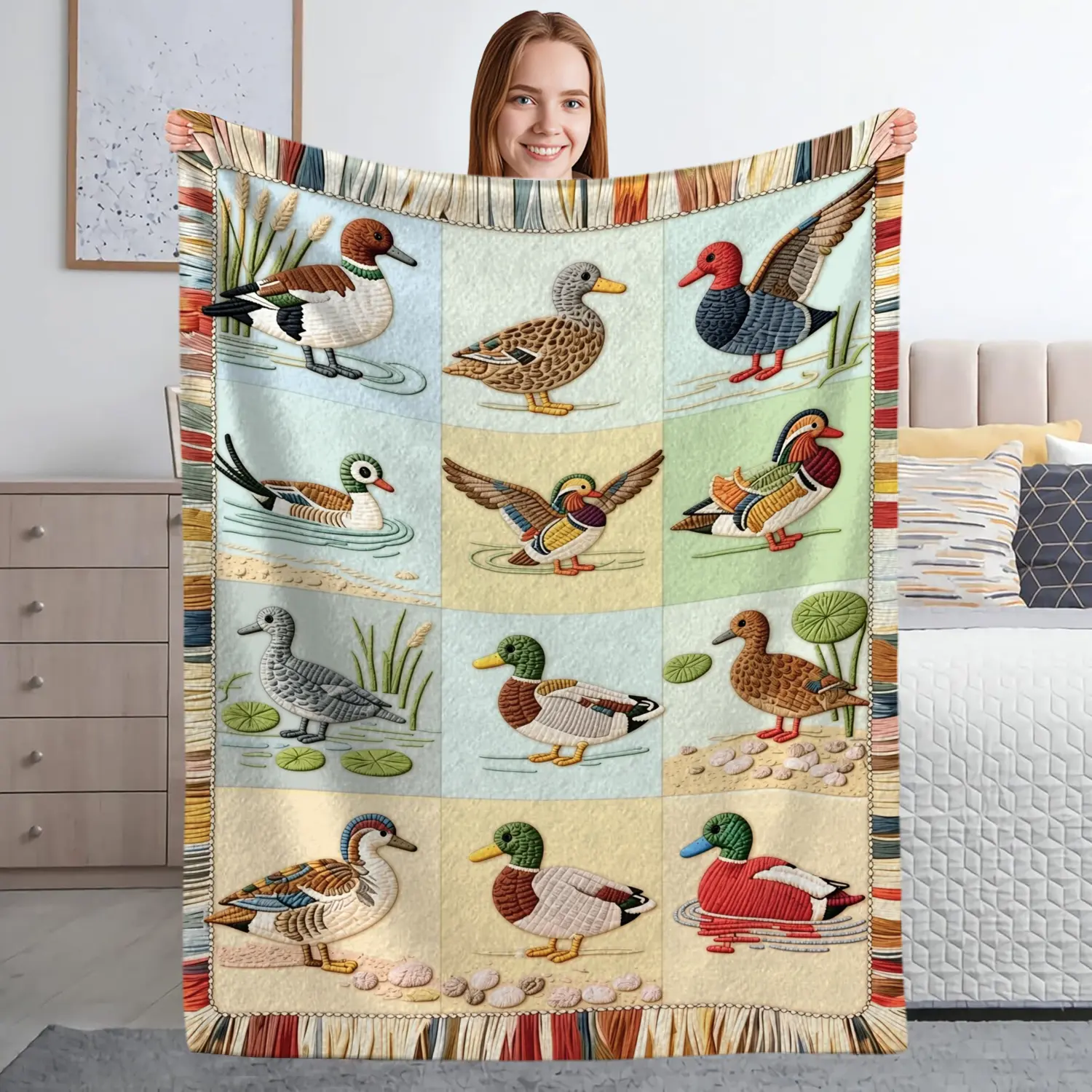 Mallard Duck Blanket, Flannel Fleece Throw Blanket with Duck Print, Soft Cozy Lightweight Warm Blanket for Bed Sofa Office Camping Home Decor, Outdoor Gift