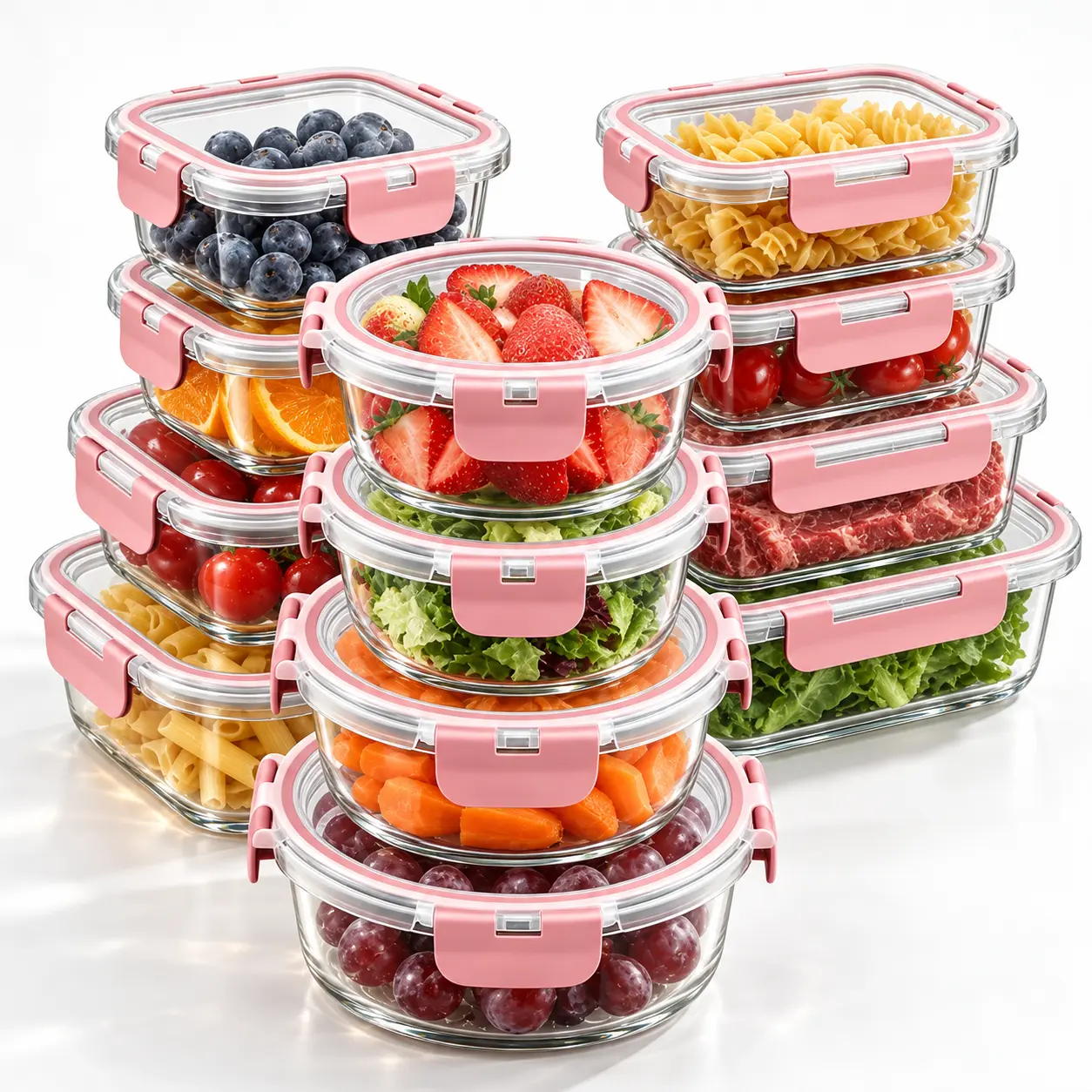8-10-12-Piece Glass Food Storage Container Set with Flip-Top Lids Dishwasher Safe for Lunches Pantry Storage and Leftovers Airtight Leakproof Bento Boxes in Pink Green Black