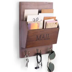 Mail Organizer with Key Holder for Wall Decorative Mail Sorter Wall Mounted, Wooden Mail Holder with 3 Hooks, Dark Brown