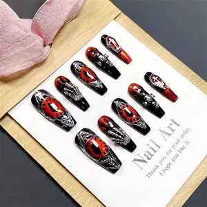 Buy 10 get free 10 Sweet and Edgy Press-On Nails European & American Style Stiletto Design Removable Viral Nail Art Stickers with Red and Black Accents Size M
