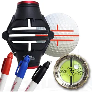 360-Degree Golf Ball Marker & Slope Reading by Bubble Angle Alignment Tool Sets - Triple Line Stencil with 3-Color Pens, Matal Frame Marker