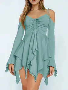 Women's Y2K Gothic Feminine Style Milk Silk Soft Smooth Ruffle Drape Patchwork Off-Shoulder Long Sleeve High Waist Halter Dress, Fitted Plain Design for All Seasons, Casual Wear, Womenswear