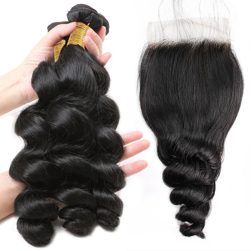 Loose Wave Human Hair Bundle with Closure Brazilian Virgin Hair Loose Wave Bundles Human Hair 3/4 Bundles with 4×4 Lace Closure