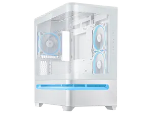 ASUS Prime AP202 ARGB White mATX case with fully tempered curved glass, supports graphics cards up to 420mm long, 360mm long radiators, easy-detach rail, patented slot vent, built-in three ARGB fans